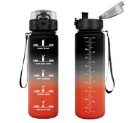 Vikastar Borraccia, 1l, Borraccia Sportiva, Borraccia Motivazionale, Senza BPA, Bottiglia Acqua per Sport, Fitness, Yoga, Scuola, Ufficio, Nero-Rosso