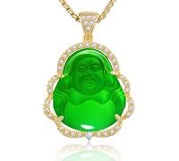 VIKCAUX Collier Bouddha en jade avec pendentif Bouddha rieur avec chaîne plaquée or 14 carats et oxyde de zirconium pour homme et femme