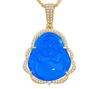 VIKCAUX Collier Bouddha en jade vert avec pendentif Bouddha porte-bonheur avec chaîne plaquée or 14 carats de luxe Bling Bouddah rieur sans col pour homme et femme