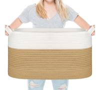 Vikcvcsc Paniere Linge, 65L Paniere a Linge Sale Osier, Panier de Rangement en Corde de Coton,Panier Rangement Bebe pour Jouets avec poignées, Corbeille a Linge(Blanc et Marron)