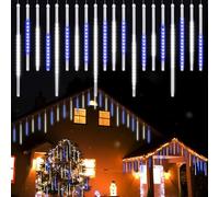 Vikdio Lumières de Noël extérieures, Lumières de pluie de météores avec 20 tubes spirales (50-30cm 720 LEDs) longueur 6,65m, Lampe à glaçons étanche pour la décoration de Noël en extérieur, Blanc-Bleu