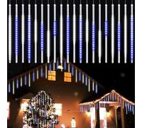 Vikdio Lumières de Noël extérieures, Lumières de pluie de météores avec 20 tubes spirales (50cm 1080 LEDs) longueur 6,65m, Lampe à glaçons étanche pour la décoration de Noël en extérieur, Blanc-Bleu