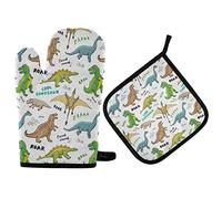 Vikeiac Ensemble gant de cuisine et manique en forme de dinosaure - Résistants à la chaleur - Accessoires de cuisine pour la cuisine, les grillades et la pâtisserie