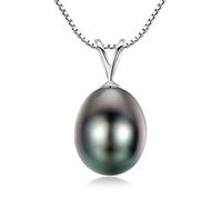 VIKI LYN Collier de perles noires de Tahiti pour femmes Pendentif de perles noires de culture de Tahiti de 9-10 mm en forme de goutte avec en argent sterling 925（or blanc)