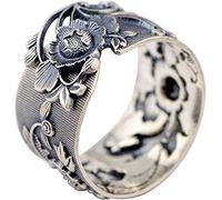VIKIMO Feng Shui PiXiu Mantra Bague, Bouddhiste Coeur Sutra Bague, Vintage Large Noir en Argent Sterling 999 Fleur de Pivoine Bague for Femmes Filles 15mm Ouvert et Réglable