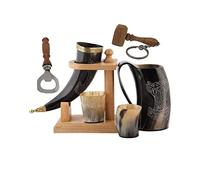 Viking Corne de bœuf | Chope | Tasse | Tasse pour bière, hydromel, vin, verre à liqueur, décapsuleur | 100 % sans fuite | Naturel et fait à la main | Offres combinées (1 corne avec support en bois)