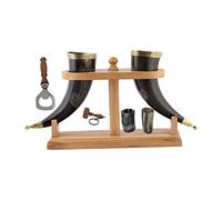 Viking Corne de bœuf | Chope | Tasse | Tasse pour bière, hydromel, vin, verre à liqueur, décapsuleur | 100 % sans fuite | Naturel et fait à la main | Offres combinées (2 cornes avec support en bois)