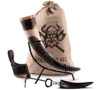 VIKING CRAFT® Corne à Boire Gravée - 450 ml - Extra Large - 5 Pièces - Pour Vin - Avec Support - Cadeaux, Chope à Bière Médiévale - Décoration - Miel