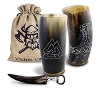 VIKING CRAFT Lot de 2 gobelets viking en corne à boire - Environ 350 ml + décapsuleur - Idéal pour le Met viking, comme décoration viking, cadeau viking pour hommes et femmes, article de fan de Viking