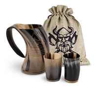 VIKING CRAFT® Pichet en Corne à Boire 600 ml - Grand Pichet Odin et 2 Gobelets pour Vin, Met, Miel - Tasse Médiévale - Décoration et Kit Viking