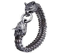 Viking Double Tête de Loup Fenrir Bracelet, Chaîne de Maille en Acier Inoxydable for Homme Bracelet Manchette Tête de Loup, Nordique Odin Celtique Païen Mulet Punk Biker Charme Bijoux Cadeau(19CM)