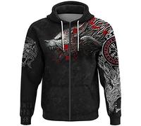 Viking Fenrir Loup À Capuche, Unisexe Impression 3D Rune Tatouage Réaliste Pull Sweat, Hommes Lâche Décontracté Harajuku Vêtement de Rue Veste,Zipper,XL