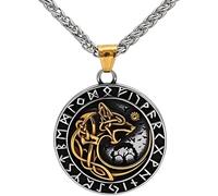 Viking Odin Collier avec pendentif loup Fenrir - Bijou viking pour homme - Pendentif rune mythologie nordique amulette pour homme or et argent en acier inoxydable Vegvisir Rune Celtic Jewellery