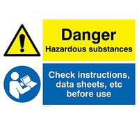 Viking Signs Cn654-a4l-1 m ''Danger substances dangereuses, vérifier les données de Instructions, feuilles, etc. avant l'utilisation'' Panneau, 1 mm Plastique semi-rigide, 300 mm H x 200 mm L