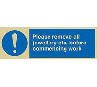Viking Signs Mh200-l15-g "Veuillez retirer tous les bijoux etc. avant de commencer le travail" Sign, rigide Plastique Doré, 50 mm H x 150 mm L