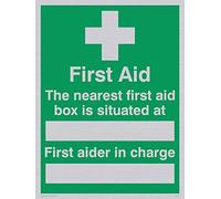 Viking Signs Sx467-a5p-sv le plus proche de premiers secours "Boîte de secours est situé sur le secouriste en charge" Sign Vinyle, Argent, 200 mm H x 150 mm L