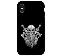 Viking Skull with Helmet with Viking Axe - Black and White Coque pour iPhone X/XS