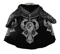 Viking Tattoo Manteau Capuche Fausse Cachemire pour Homme Cape d'hiver Nordique Imprimée 3D Veste Plus Chaude,Mjolnir Black,L