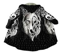 Viking Tattoo Manteau Capuche Fausse Cachemire pour Homme Cape d'hiver Nordique Imprimée 3D Veste Plus Chaude,Fenrir,L