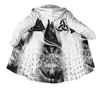 Viking Tattoo Manteau Capuche Fausse Cachemire pour Homme Cape d'hiver Nordique Imprimée 3D Veste Plus Chaude,Raven Wolf,XL