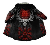 Viking Tattoo Manteau Capuche Fausse Cachemire pour Homme Cape d'hiver Nordique Imprimée 3D Veste Plus Chaude,Valknut Vegvisir,3XL