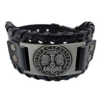 Vikings Bracelet viking marteau de Thor Mjölnir avec loups d'Odin dans un cercle de runes en cuir et métal noir argenté