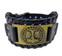 Vikings Bracelet viking marteau de Thor Mjölnir avec loups d'Odin dans un cercle de runes en cuir et métal noir or vieilli