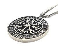 Vikings Pendentif Vegvisir boussole viking en acier inoxydable avec chaîne en acier inoxydable dans une pochette à bijoux