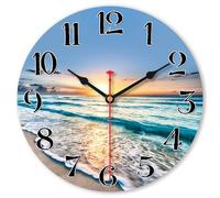 VIKMARI Horloge Murale de Plage à Pile 20 cm Bleu Océan Décoration intérieure côtière Décoration Marine Petite silencieuse Non tic-tac Quartz en Bois Analogique pour Cuisine, Bureau, Chambre, Salon