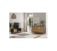 VIKOV - Pack Salon Scandinave Meuble TV 140cm + Buffet 140cm 2 Portes en Pin Massif - Altobuy Beige