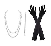 VIKSAUN 3 Pièces 1920 Accessories Charleston Accessoires Collier, Gants, collier de perles, gants en satin Noir, pour Femmes, accessoires de déguisement Charleston
