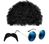 VIKSAUN 3 Pièces Costumes Hippie Accessoires Disco,Déguisements des Années 70,Perruque Afro Funky Lunettes de Soleil Moustache pour les Années 50 60 70 Années Thème Rockstar Party Hippie(3 PCS)