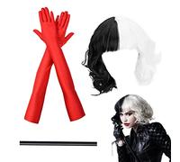 VIKSAUN 3 Pièces Cruella Costume Halloween Années 1970 Accessoires 70s Accessoires Cosplay Perruque Great Gatsby Perruque pour Halloween Mardi Gras(3 pcs)