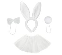 VIKSAUN 4Pcs Costume Lapin, Ensembles Lapin Déguisement Serre-Tête Bandeau Oreilles de Lapin Cravate,Queue en Peluche Set Costume Accessoires Ensemble de Déguisement de Pâque Oreille de Lapin (Blanc)