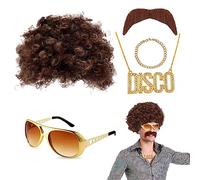 VIKSAUN 5 Pièces Ensemble de Costume Hippie, Hippie Afro Perruque, Ensemble de Perruques Hippies, Deguisement Annee 80 90 Homme, Accessoires Hippie, pour Carnaval ou Fêtes à Thème (5 Pièces)