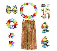 VIKSAUN 9 Pcs Jupe de Hula Kit d'accessoires de Costume pour Hawaii Party, Hula Hawaïen, Hawaïen lei, Pince à Cheveux en Hibiscus, Lunettes de Soleil, Costume de Carnaval, Décoration de Plage