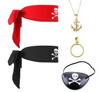 VIKSAUN Ensemble de 5 pièces de costume de pirate - Patchs oculaires, boucles d'oreilles cerceau, écharpe de tête, collier vintage - Ensemble de déguisement de capitaine pour Halloween et fête des