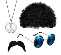 VIKSAUN Ensemble de Costume Hippie, Perruque Afro, Funky Lunettes de Soleil, Collier Signe de Paix, fausses moustaches auto adhésives, pour carnaval ou fêtes à thème, Style Disco 70's (4 Psc)