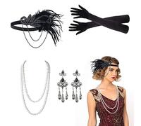 VIKSAUN Lot de 5 accessoires de déguisement Gatsby le Magnifique 1920 - Accessoires Charleston - Gants longs - Collier de perles - Accessoires pour femme - Bandeau - Charleston (5 pièces)