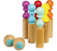 Vilac - 6 Quilles de Bowling Retro - Bicolores - Jeu de Plein Air - Jeu d'Adresse et de Précision en Bois - Jeu d'Ambiance - 2 Boules - Sac de Rangement en Coton