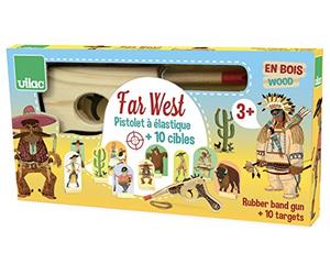 Vilac - 9911 - Farwest - Jeu de Pistolet à Élastiques avec Cible, Moyen | Cible incluse pour viser | thème far west illustré | développe précision et adresse | activité de plein air et pratique