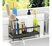VILCEN Porte Éponge Évier Cuisine avec Cuvette de Auto-vidange, Organisateur Evier Cuisine avec Porte-Serviettes et Rangement (Noir Porte-brosse)