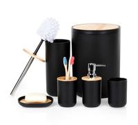 VILDE Accessoires Salle de bain 6 pièces - Plastique noir mat - Bois de bambou - Design moderne - Facile à nettoyer