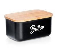 Vilde Beurrier avec couvercle noir en métal et bambou - Récipient à beurre pour réfrigérateur - Table classique hygiénique - Facile à nettoyer