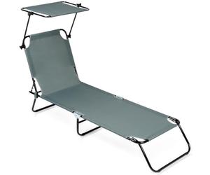Vilde Chaise longue de jardin pliable avec auvent gris, chaise longue réglable, chaise longue de plage pliable pour jardin, balcon et plage, charge jusqu'à 120 kg