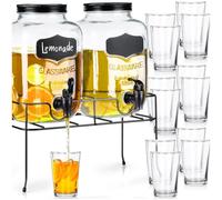 Vilde Distributeur de boisson en verre de 4,2 l avec robinet et support - Lot de 12 verres de 200 ml - Distributeur de limonade pour jus, eau, thé glacé, distributeur de boissons, pour fête dans le
