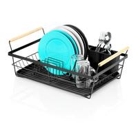 VILDE Égouttoir à Vaisselle 50,5 x 33 x 18 cm - Métal inoxydable noir - bac amovible - poignées en bois - grande capacité