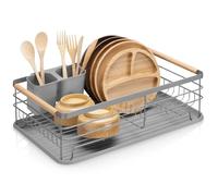 VILDE Élégance Égouttoir à vaisselle - Métal inoxydable - Poignées en bois - Bac amovible - 425x32x145 cm