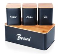VILDE Ensemble Boîte à Pain et 3 Récipients de Cuisine - Métal noir mat et bois de bambou - Design moderne et pratique