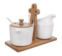 VILDE Ensemble Crémier et Sucrier 3 pièces - Porcelaine blanche support en bambou design classique facile à nettoyer